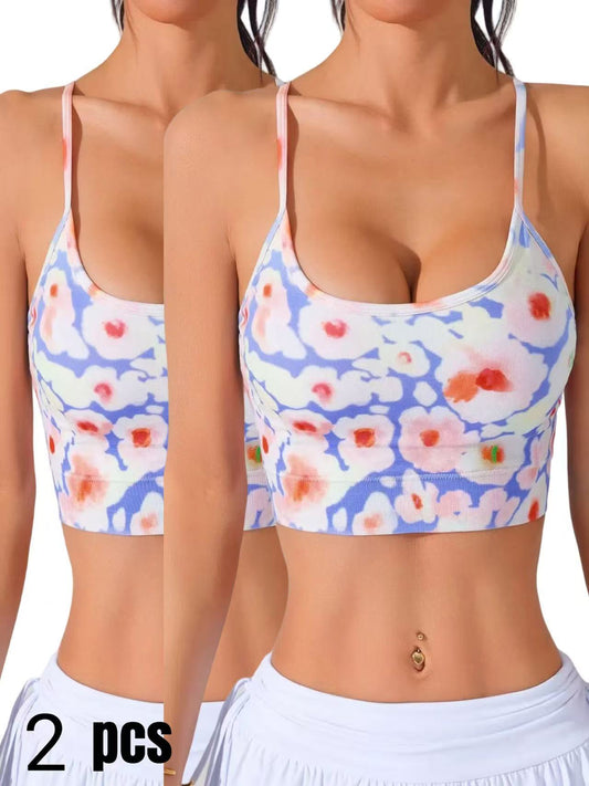 2 Pack Women's Spring & Summer New Cross Thin-Strap Floral Print Daily Sports Bra