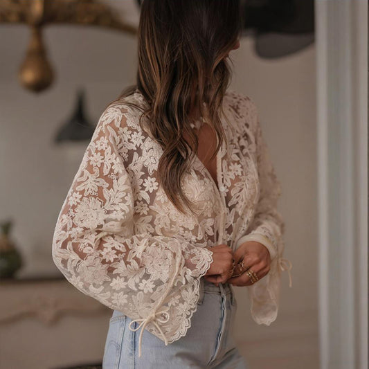 Women's Solid Color V-Neck Long Sleeve Blouse Floral Lace Embroidery Ruffled Neckline & Cuffs Drawstring Sleeves Button Front Semi-Sheer Elegant Summer Top