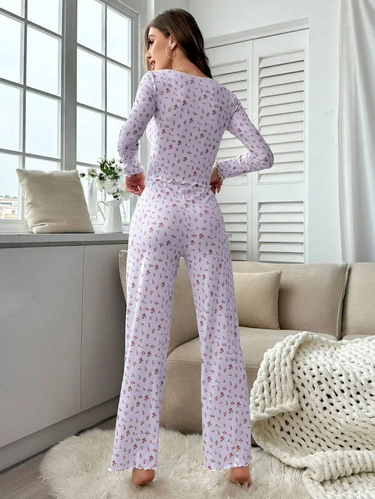 Autumn Winter Pajamas Set Women Sleepwear Floral Print Lettuce Trim Top with Long Pant Lovely Loungewear Full Sleeve Nightwear