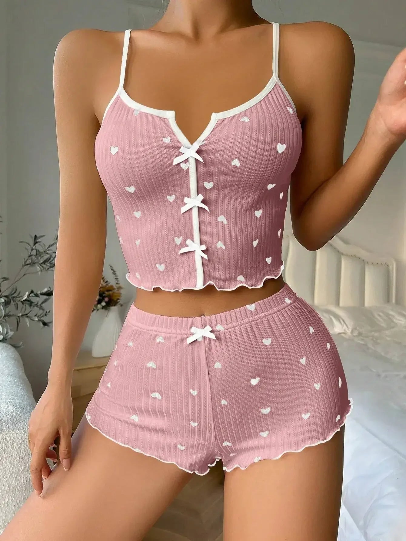 Summer Heart Print Silk Stain Sleepwear Women Pajamas Set V-Neck Sleeveless Casual Cami Top and Shorts Sets Loungewear