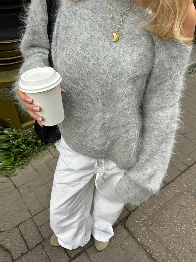 Mohair Knitted Loose Sweaters Women Slash Neck Long Sleeve Pink Solid Pullover Female Casual 2025 Autumn Street Chic Jumper Tops