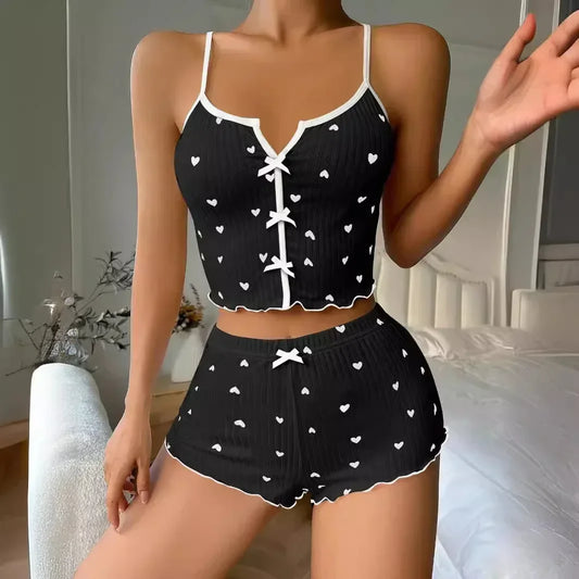Summer Heart Print Silk Stain Sleepwear Women Pajamas Set V-Neck Sleeveless Casual Cami Top and Shorts Sets Loungewear