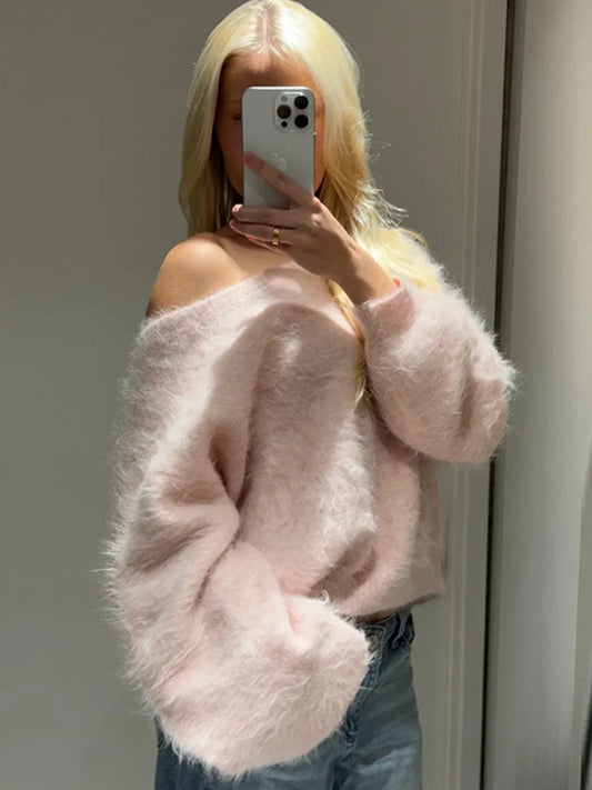 Mohair Knitted Loose Sweaters Women Slash Neck Long Sleeve Pink Solid Pullover Female Casual 2025 Autumn Street Chic Jumper Tops