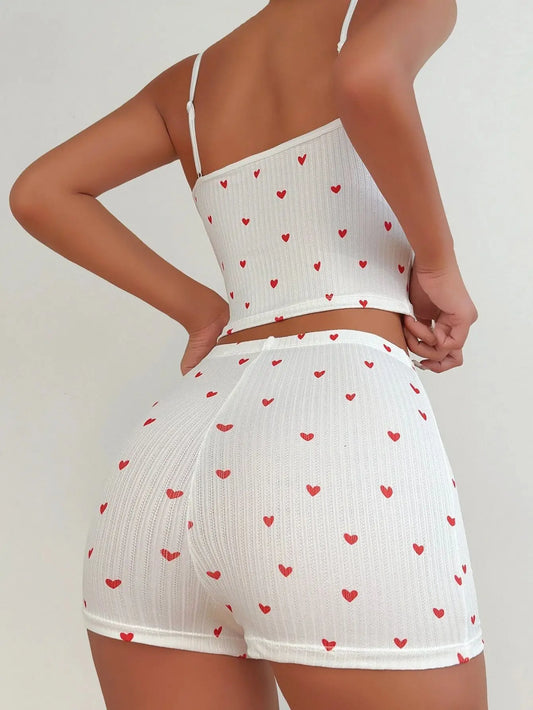 Spring Summer Heart Print Casual Backless Crop Cami Top & High Waist Skinny Shorts Pajamas Set for Women Sleepwear Loungewear