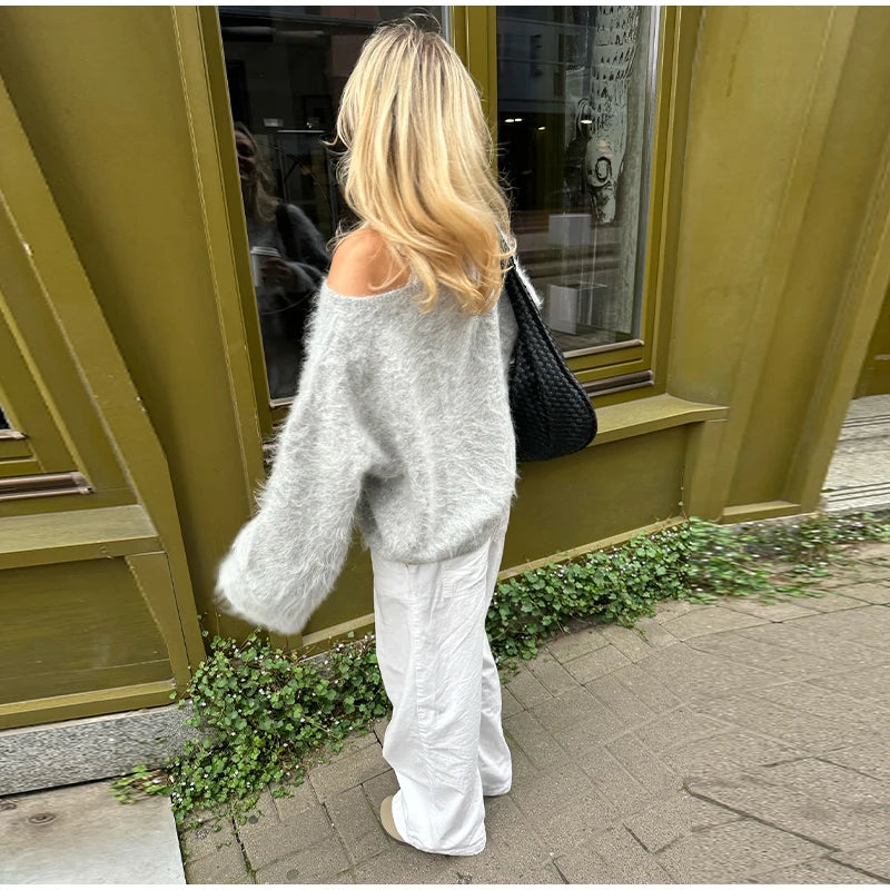 Mohair Knitted Loose Sweaters Women Slash Neck Long Sleeve Pink Solid Pullover Female Casual 2025 Autumn Street Chic Jumper Tops