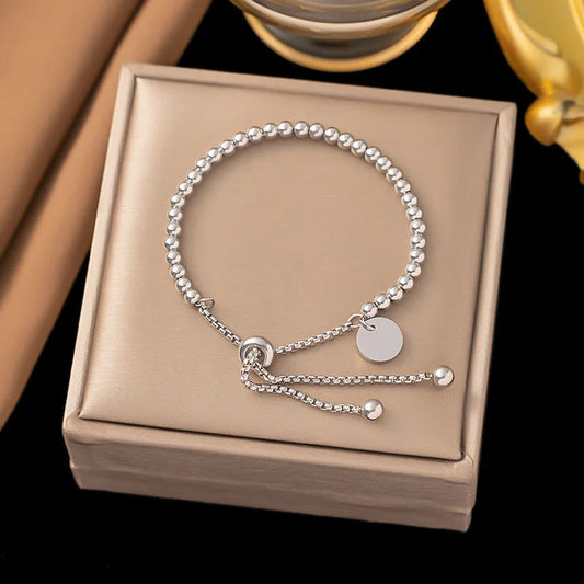 316L Stainless Small Ball Beads Pull Out Bracelet for Women Simple Fashion Circular Tag Bracelet Daily Party Jewelry