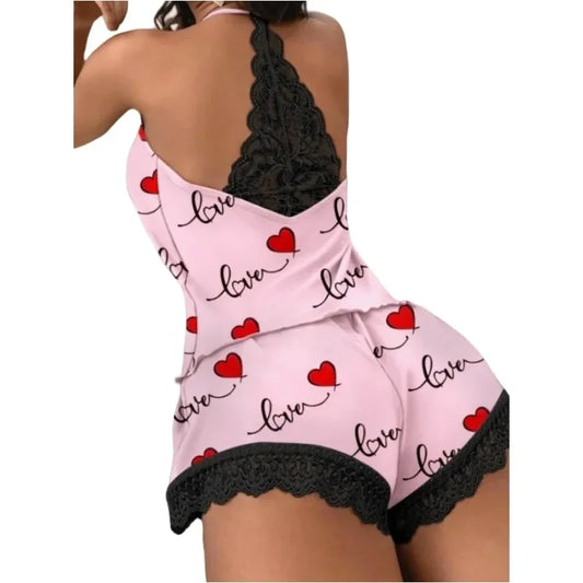 Women's Casual Pajamas Set Summer Sleepwear V-Neck Sleeveless Heart Print Cami and Shorts Set Loungewear Homewear Suits