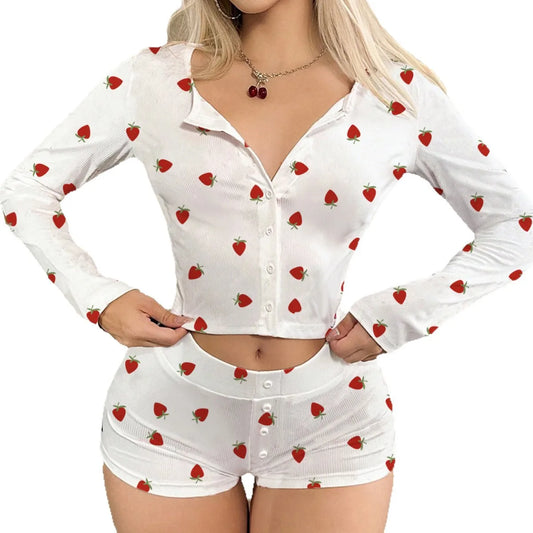 Women's Pajamas Set Cute Heart Print Soft Button Cardigan Long-sleeved Shorts Stretchy Comfortable Sleepwear Homewear