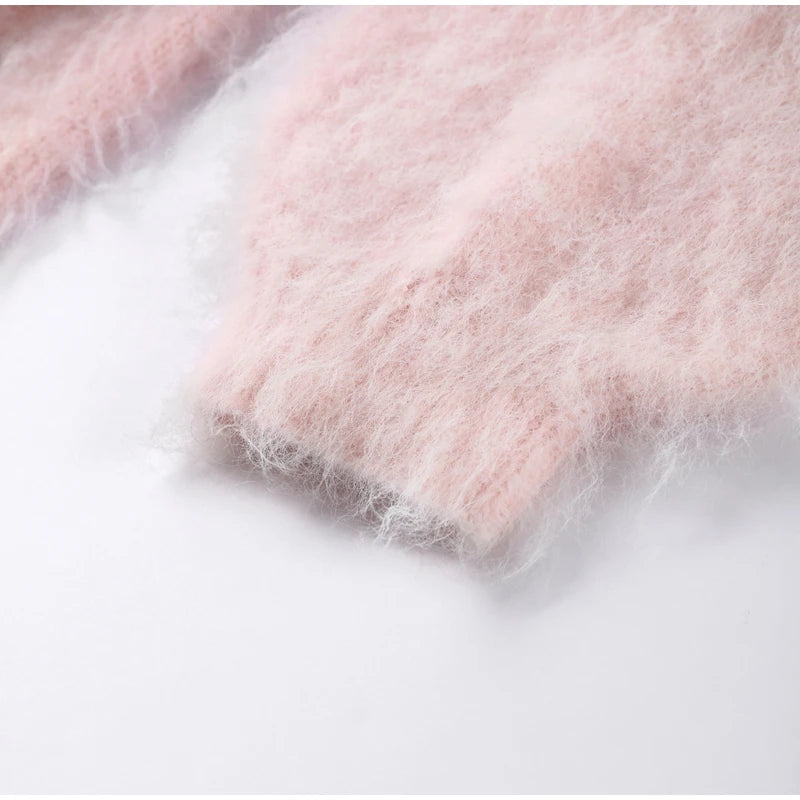 Mohair Knitted Loose Sweaters Women Slash Neck Long Sleeve Pink Solid Pullover Female Casual 2025 Autumn Street Chic Jumper Tops