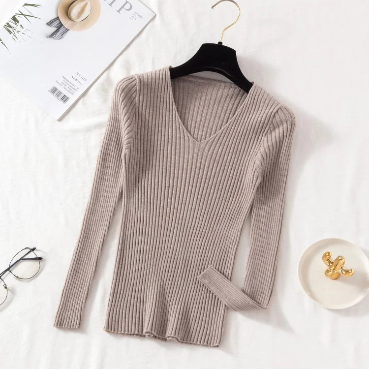 2025 Casual Long Sleeve Knitted V Neck Pullover Autumn Winter Women Sweaters Femme Basic Solid Jersey Tops Fashion Clothes