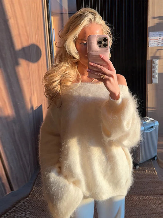 Mohair Knitted Loose Sweaters Women Slash Neck Long Sleeve Pink Solid Pullover Female Casual 2025 Autumn Street Chic Jumper Tops