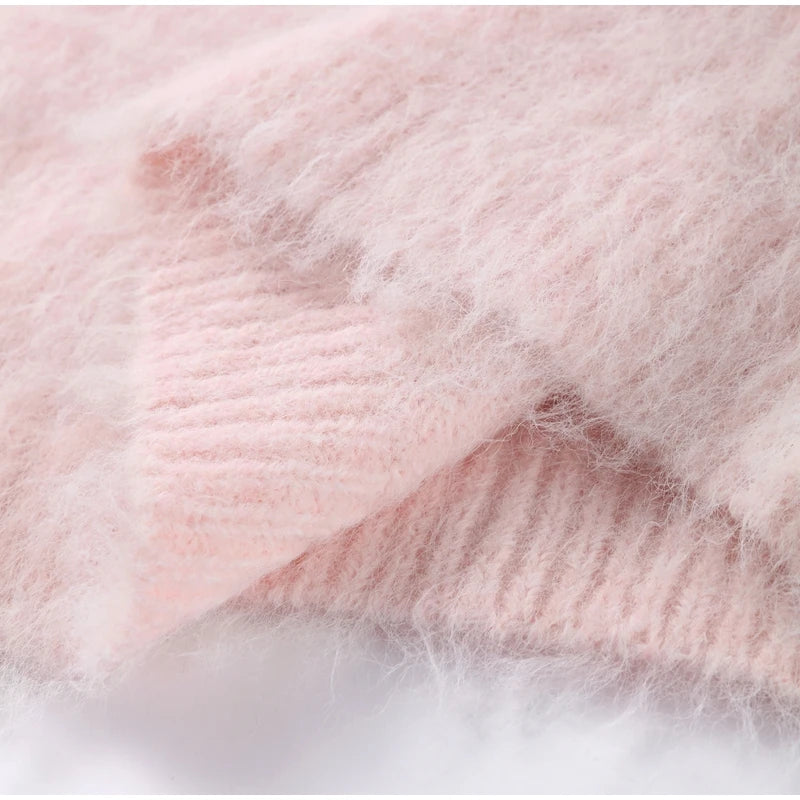 Mohair Knitted Loose Sweaters Women Slash Neck Long Sleeve Pink Solid Pullover Female Casual 2025 Autumn Street Chic Jumper Tops