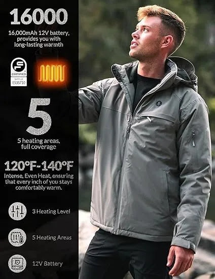 Heated Jacket, Ski Jacket Coat, With 12V 16000mAh Battery Pack, 5 Areas Heating Thicken Men Winter Coat