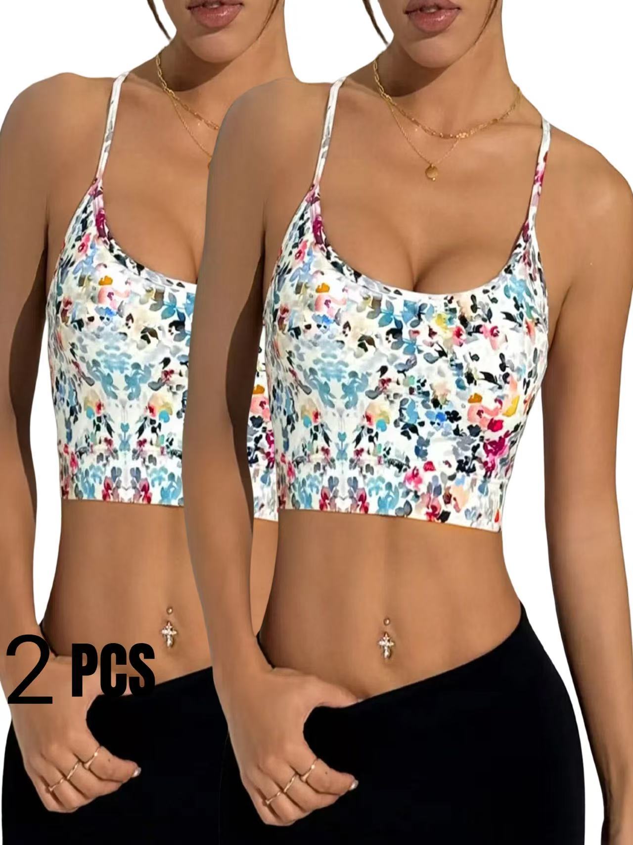 2 Pack Women's Spring & Summer New Cross Thin-Strap Floral Print Daily Sports Bra