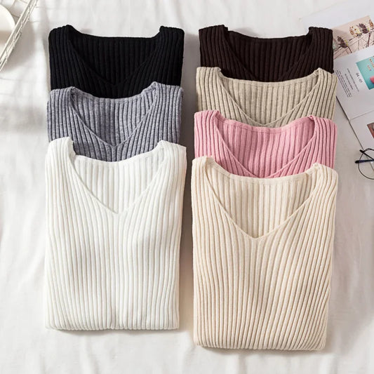 2025 Casual Long Sleeve Knitted V Neck Pullover Autumn Winter Women Sweaters Femme Basic Solid Jersey Tops Fashion Clothes