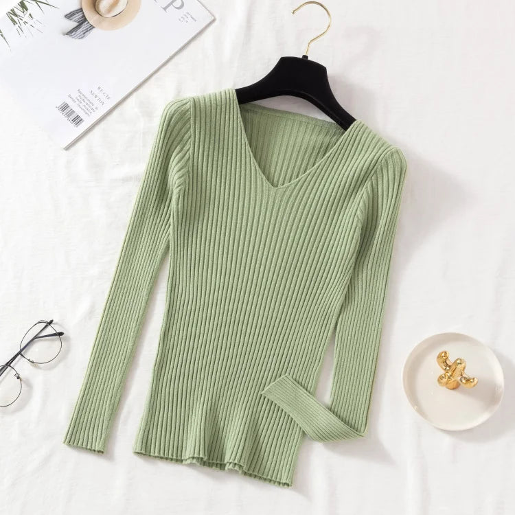 2025 Casual Long Sleeve Knitted V Neck Pullover Autumn Winter Women Sweaters Femme Basic Solid Jersey Tops Fashion Clothes