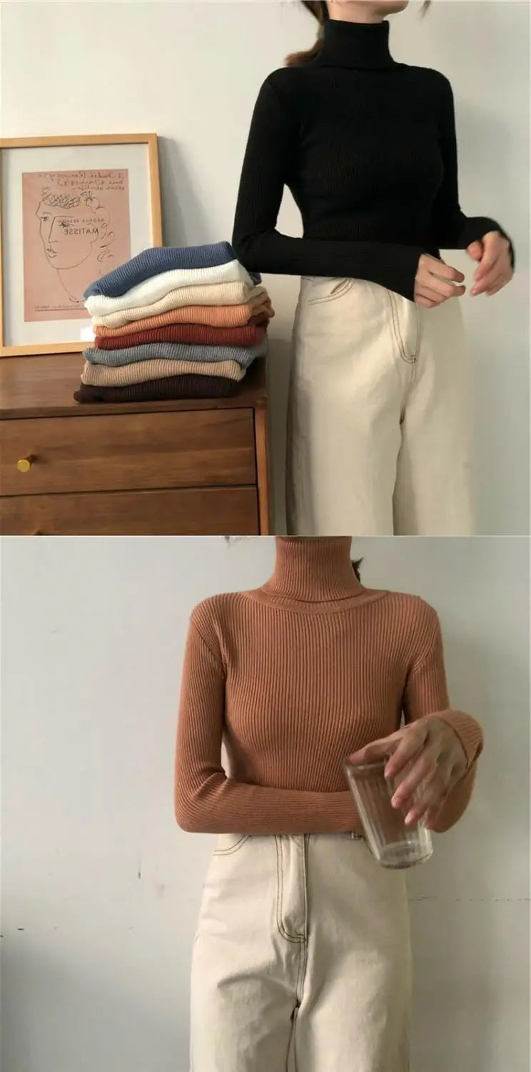 Black Turtleneck Ladies Sweaters Pullover Knitted Top for Women Gigh Neck Jerseys Off White Korean Fashion 2024 Designer Crochet