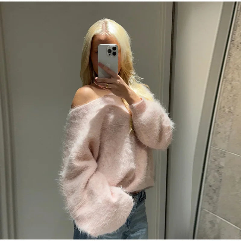 Mohair Knitted Loose Sweaters Women Slash Neck Long Sleeve Pink Solid Pullover Female Casual 2025 Autumn Street Chic Jumper Tops