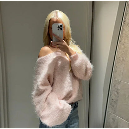 Mohair Knitted Loose Sweaters Women Slash Neck Long Sleeve Pink Solid Pullover Female Casual 2025 Autumn Street Chic Jumper Tops