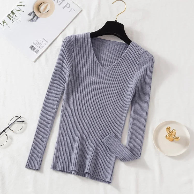 2025 Casual Long Sleeve Knitted V Neck Pullover Autumn Winter Women Sweaters Femme Basic Solid Jersey Tops Fashion Clothes