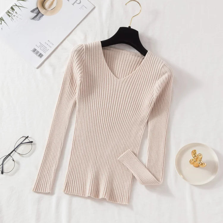 2025 Casual Long Sleeve Knitted V Neck Pullover Autumn Winter Women Sweaters Femme Basic Solid Jersey Tops Fashion Clothes