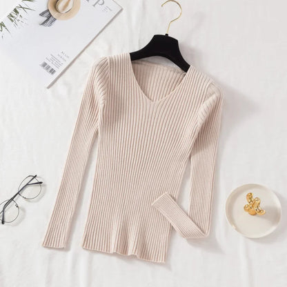 2025 Casual Long Sleeve Knitted V Neck Pullover Autumn Winter Women Sweaters Femme Basic Solid Jersey Tops Fashion Clothes