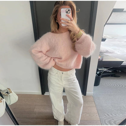 Mohair Knitted Loose Sweaters Women Slash Neck Long Sleeve Pink Solid Pullover Female Casual 2025 Autumn Street Chic Jumper Tops