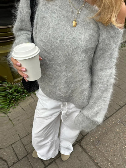 Mohair Knitted Loose Sweaters Women Slash Neck Long Sleeve Pink Solid Pullover Female Casual 2025 Autumn Street Chic Jumper Tops