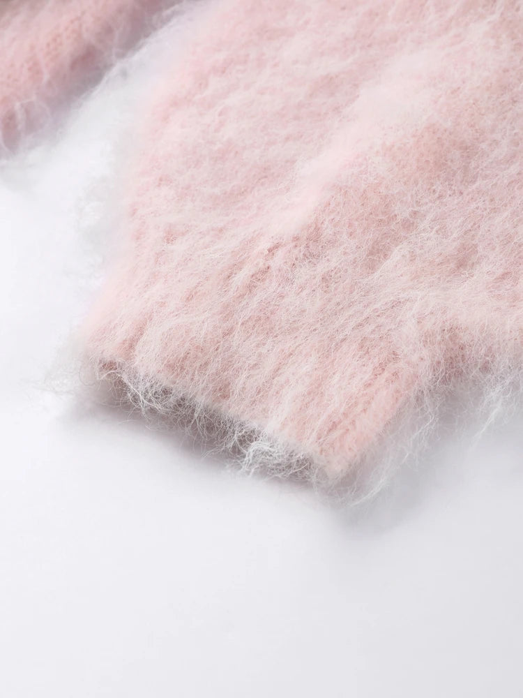 Mohair Knitted Loose Sweaters Women Slash Neck Long Sleeve Pink Solid Pullover Female Casual 2025 Autumn Street Chic Jumper Tops