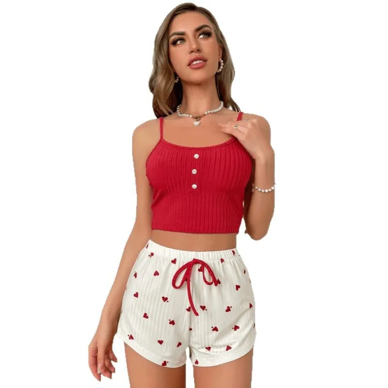 Pajamas 2 Piece Sets Women Camisole Shorts Suit Loungewear Heart Print Short Pants Sleeveless Sleepwear Summer Sweet Outfits