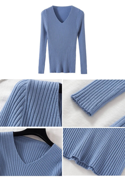 2025 Casual Long Sleeve Knitted V Neck Pullover Autumn Winter Women Sweaters Femme Basic Solid Jersey Tops Fashion Clothes