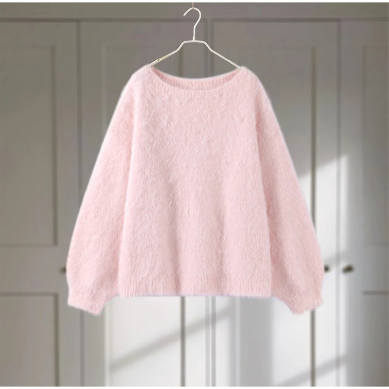 Mohair Knitted Loose Sweaters Women Slash Neck Long Sleeve Pink Solid Pullover Female Casual 2025 Autumn Street Chic Jumper Tops
