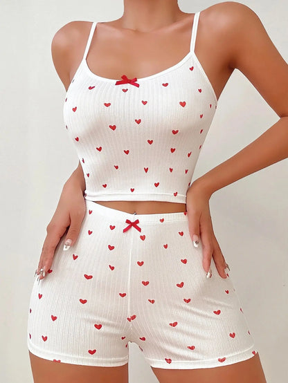 Spring Summer Heart Print Casual Backless Crop Cami Top & High Waist Skinny Shorts Pajamas Set for Women Sleepwear Loungewear