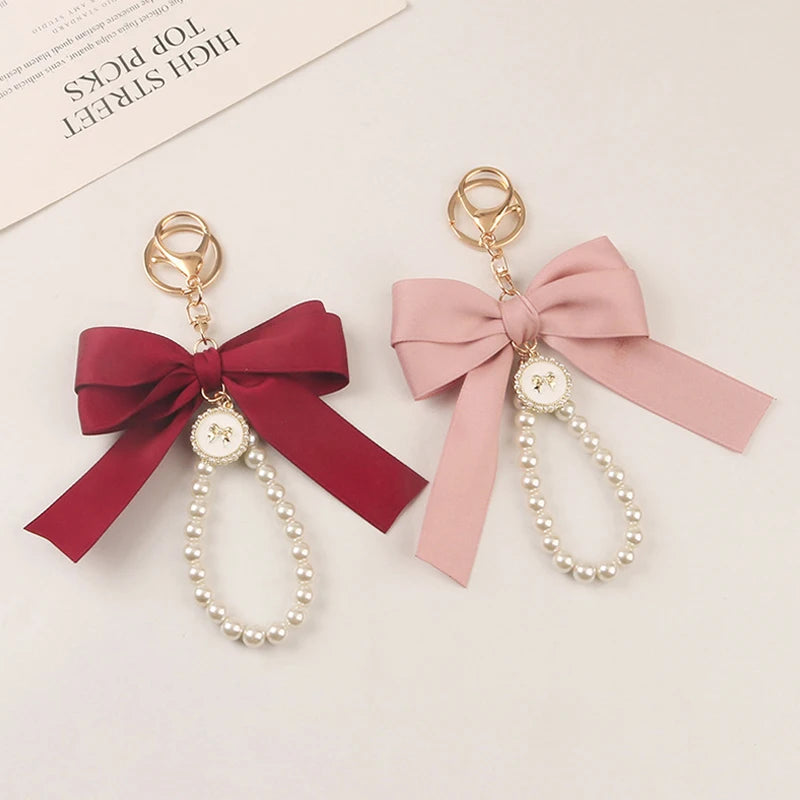 Fashion Large Bowknot Ribbon Pearl Key Chain Women's Multi-color DIY Key Pendant Hanging Ornament Sweet Bag Accessories