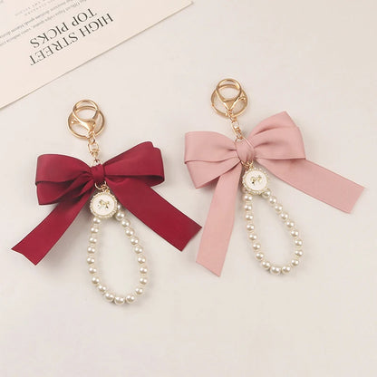 Fashion Large Bowknot Ribbon Pearl Key Chain Women's Multi-color DIY Key Pendant Hanging Ornament Sweet Bag Accessories