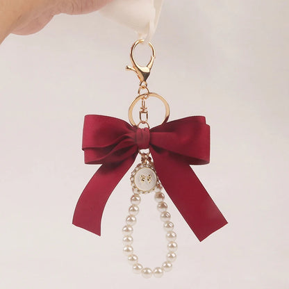 Fashion Large Bowknot Ribbon Pearl Key Chain Women's Multi-color DIY Key Pendant Hanging Ornament Sweet Bag Accessories