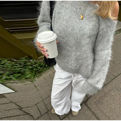 Mohair Knitted Loose Sweaters Women Slash Neck Long Sleeve Pink Solid Pullover Female Casual 2025 Autumn Street Chic Jumper Tops
