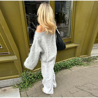 Mohair Knitted Loose Sweaters Women Slash Neck Long Sleeve Pink Solid Pullover Female Casual 2025 Autumn Street Chic Jumper Tops