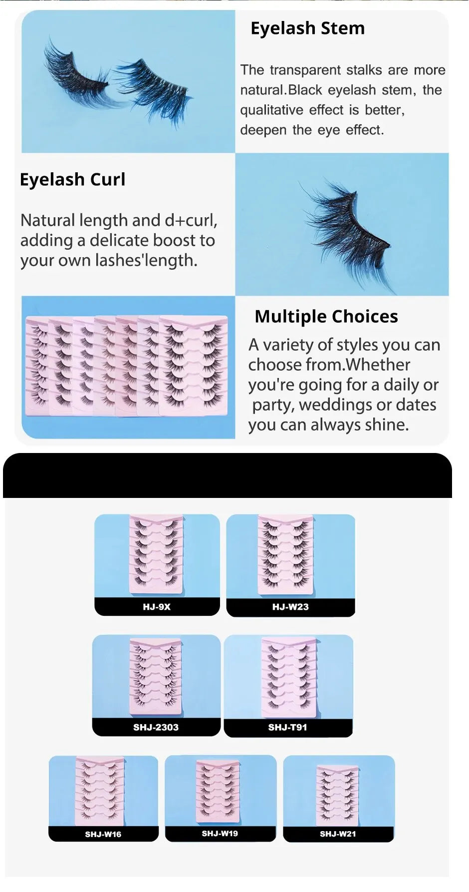 7 Pairs of Thick And Slender Eyelashes With Elongated and Comfortable Black Cotton Thread and Crossed Fishtail, Half Eye False E