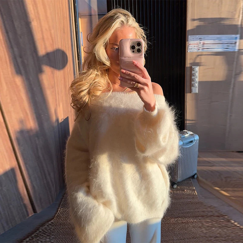Mohair Knitted Loose Sweaters Women Slash Neck Long Sleeve Pink Solid Pullover Female Casual 2025 Autumn Street Chic Jumper Tops