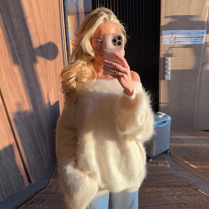 Mohair Knitted Loose Sweaters Women Slash Neck Long Sleeve Pink Solid Pullover Female Casual 2025 Autumn Street Chic Jumper Tops