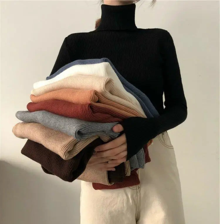 Black Turtleneck Ladies Sweaters Pullover Knitted Top for Women Gigh Neck Jerseys Off White Korean Fashion 2024 Designer Crochet