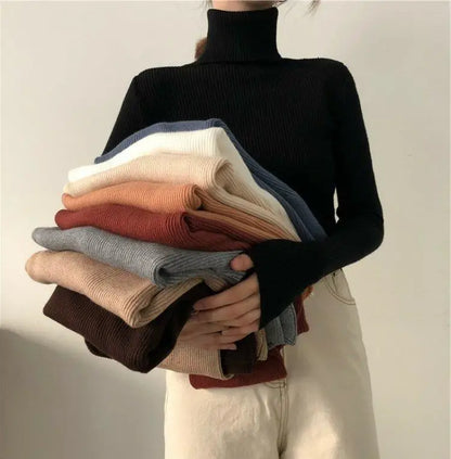 Black Turtleneck Ladies Sweaters Pullover Knitted Top for Women Gigh Neck Jerseys Off White Korean Fashion 2024 Designer Crochet
