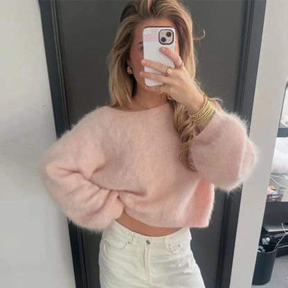 Mohair Knitted Loose Sweaters Women Slash Neck Long Sleeve Pink Solid Pullover Female Casual 2025 Autumn Street Chic Jumper Tops