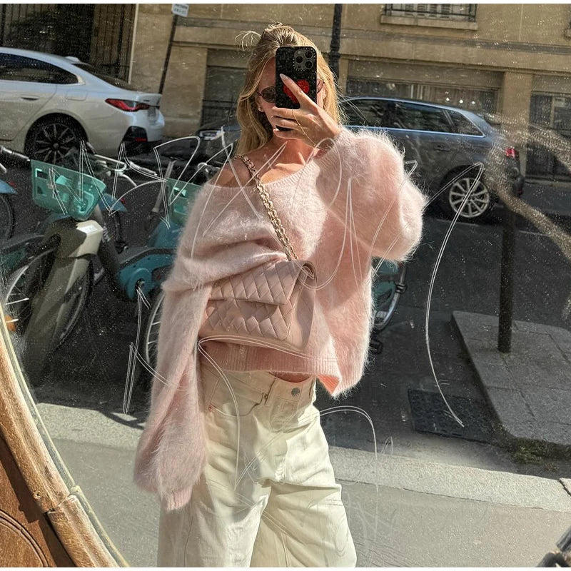 Mohair Knitted Loose Sweaters Women Slash Neck Long Sleeve Pink Solid Pullover Female Casual 2025 Autumn Street Chic Jumper Tops