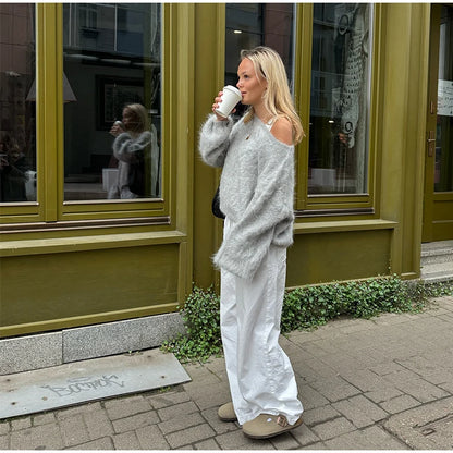 Mohair Knitted Loose Sweaters Women Slash Neck Long Sleeve Pink Solid Pullover Female Casual 2025 Autumn Street Chic Jumper Tops