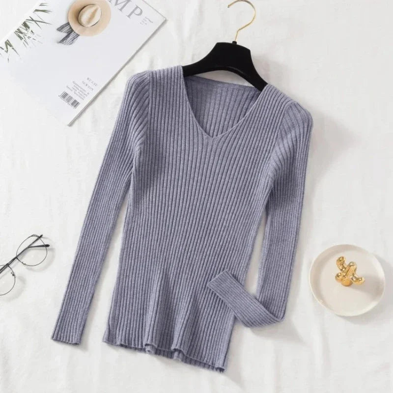 2025 Casual Long Sleeve Knitted V Neck Pullover Autumn Winter Women Sweaters Femme Basic Solid Jersey Tops Fashion Clothes