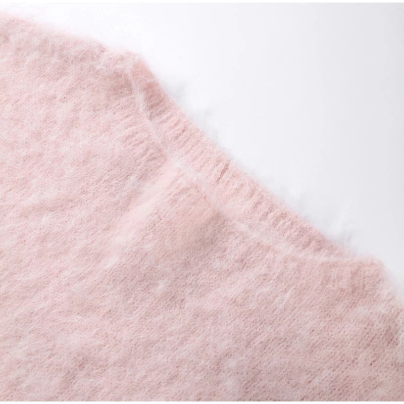 Mohair Knitted Loose Sweaters Women Slash Neck Long Sleeve Pink Solid Pullover Female Casual 2025 Autumn Street Chic Jumper Tops