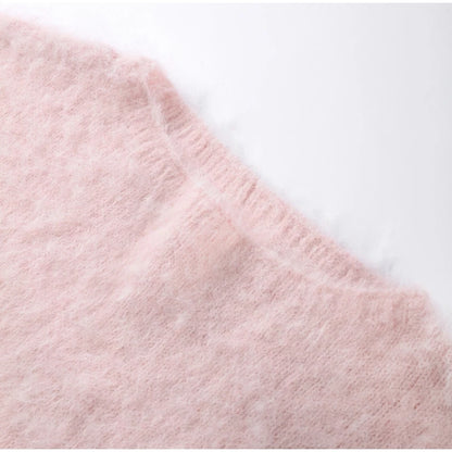 Mohair Knitted Loose Sweaters Women Slash Neck Long Sleeve Pink Solid Pullover Female Casual 2025 Autumn Street Chic Jumper Tops