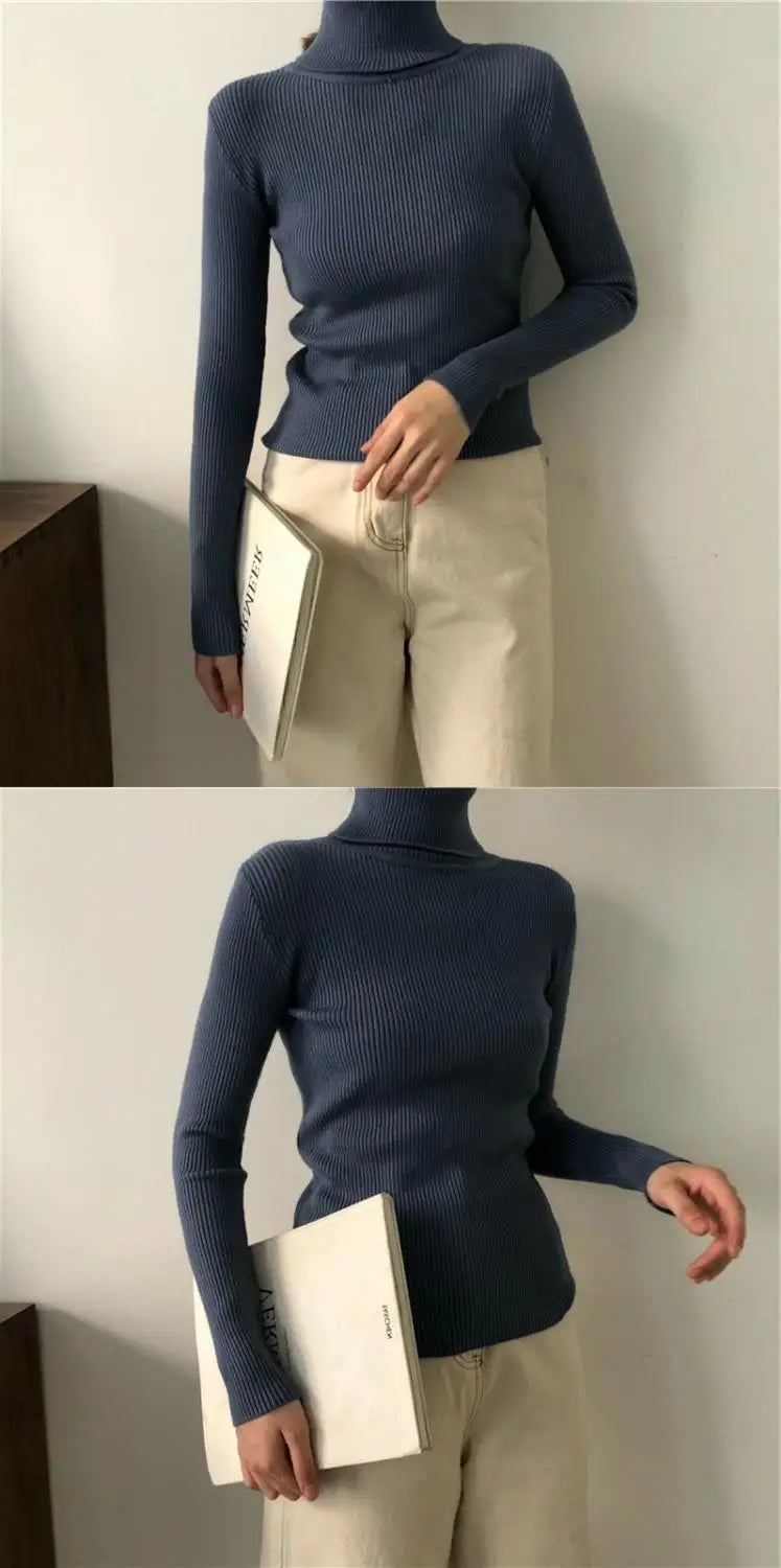Black Turtleneck Ladies Sweaters Pullover Knitted Top for Women Gigh Neck Jerseys Off White Korean Fashion 2024 Designer Crochet
